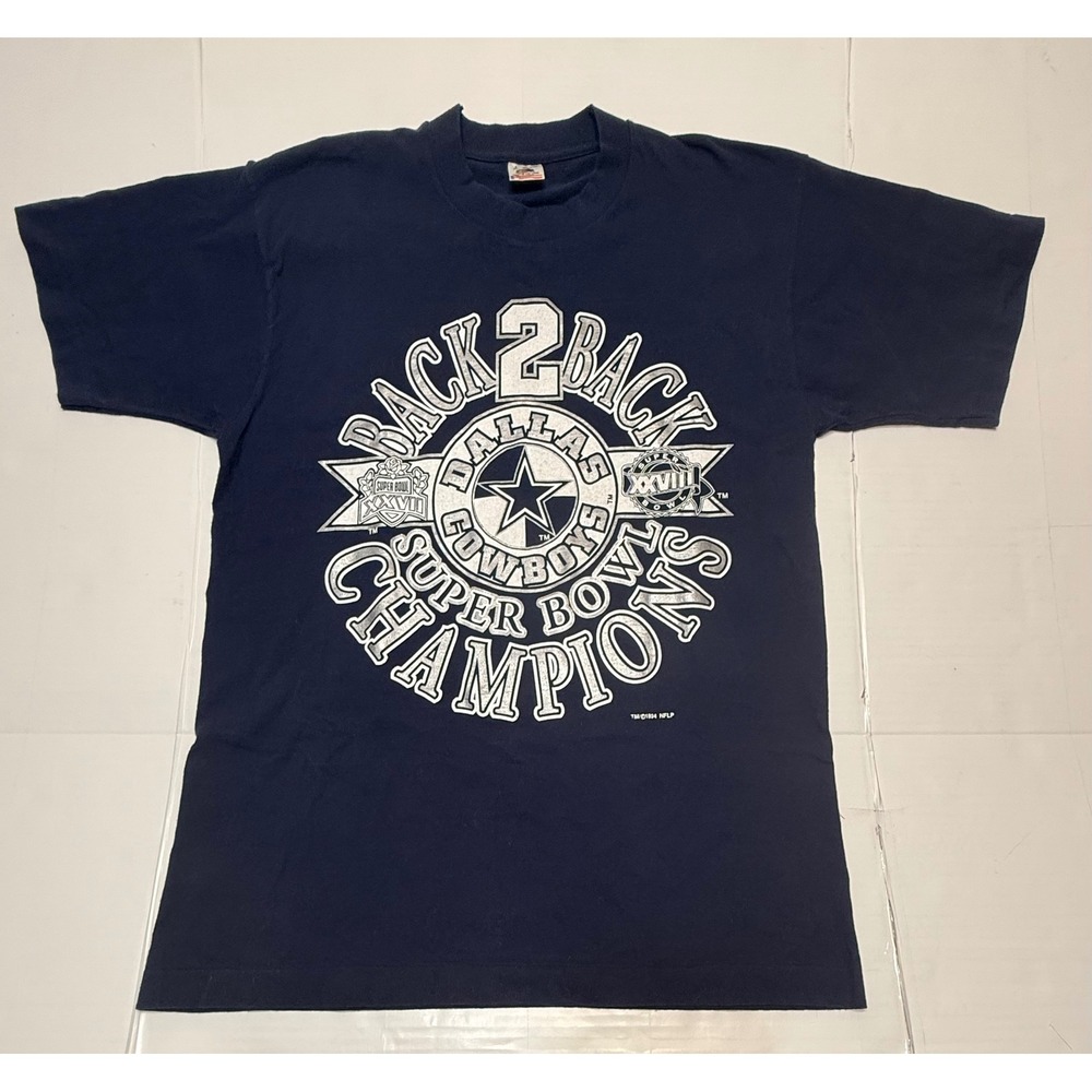 Vintage 1994 Dallas Cowboys Back 2 Back Super Bowl Champions T-Shirt Navy Large